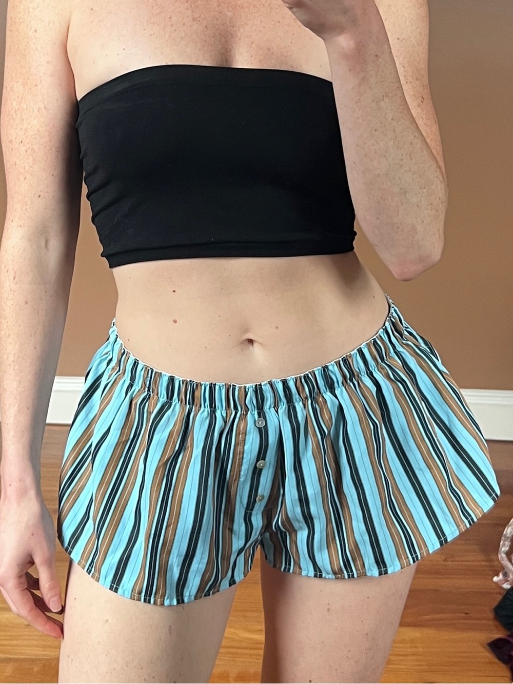 Free People Blue and Brown Striped Sleep Shorts